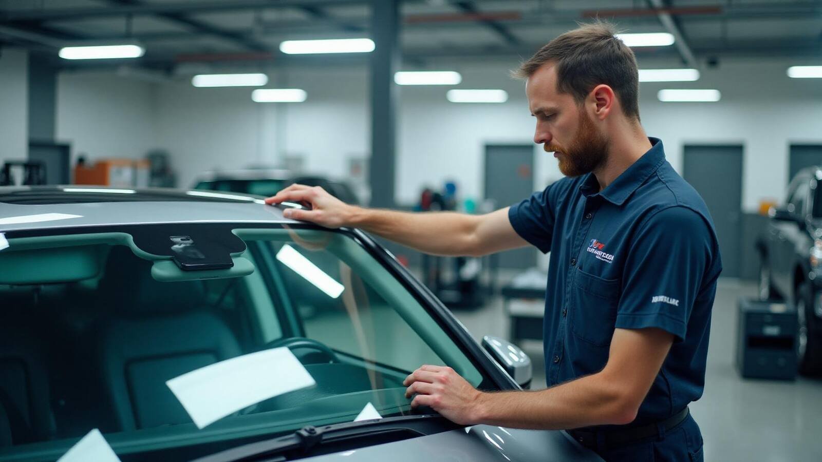 Technicien en atelier contrôlant la pose d'un pare-brise neuf sur une voiture grise