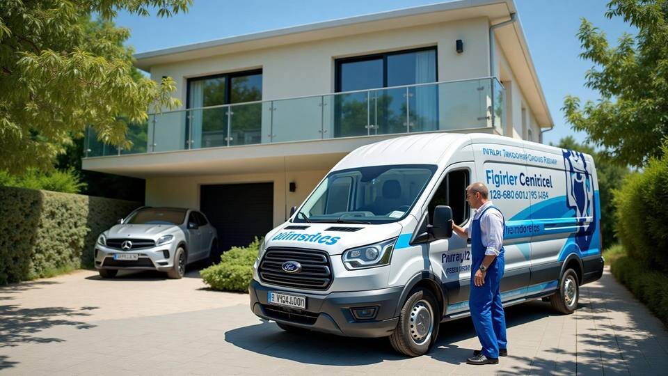 Camionnette d'intervention garée devant une maison pour un remplacement de pare-brise à domicile