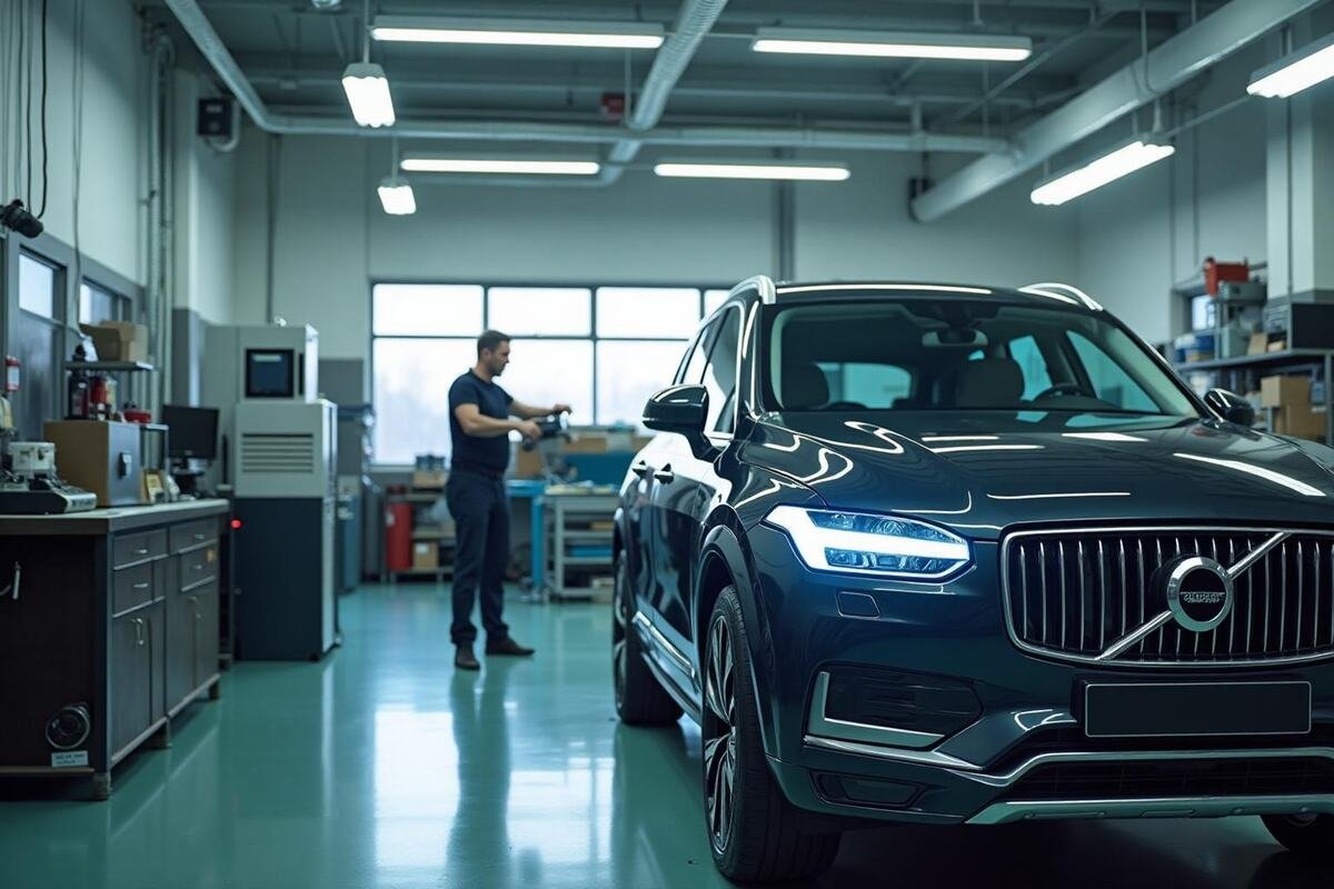 Atelier de vitrage automobile avec un SUV et un technicien à son poste d'équipement
