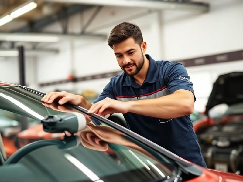 Technicien souriant ajustant le joint supérieur d'un pare-brise sur une voiture rouge